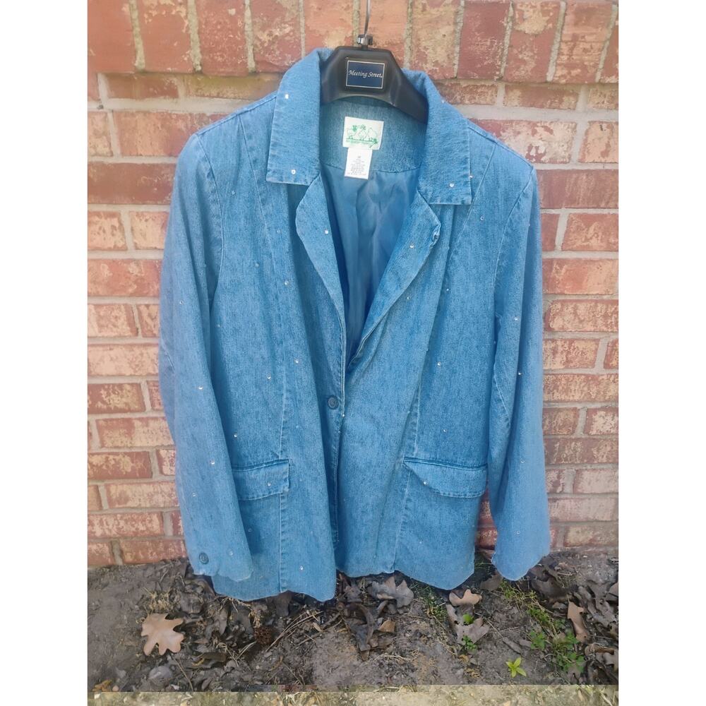 Vtg Quacker Factory Denim Blazer Jacket 1X Rhinestone Bling Lined Blue Jean Y2k